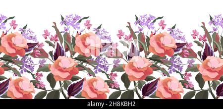 Vector floral seamless pattern, decorative border. Vector flowers with leaves Stock Vector
