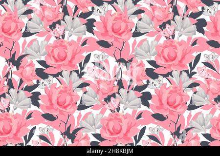 Vector floral seamless pattern. Pink, grey flowers, leaves, butterflies. Stock Vector