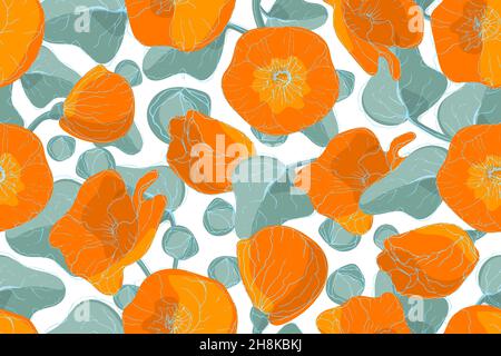Art floral vector seamless pattern. Sketch of flowers. Orange color mallow flowers. Stock Vector