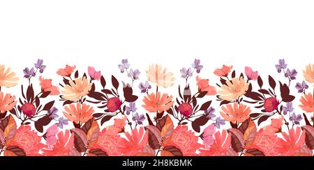 Vector floral seamless pattern, border. Chicory, peony flowers, buds. Stock Vector