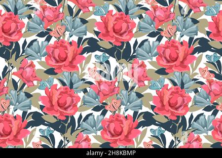 Vector floral seamless pattern. Rose flowers, leaves, butterflies Stock Vector