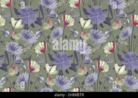 Vector floral seamless pattern. Summer flowers, blue leaves.  Stock Vector