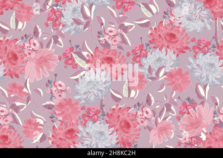 Delicate vector floral seamless pattern. Pink, grey, silver flowers. Stock Vector