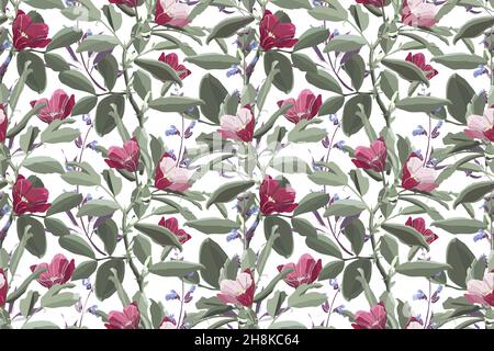 Vector floral seamless pattern. Green foliage, purple sage, pink and maroon flowers. Stock Vector