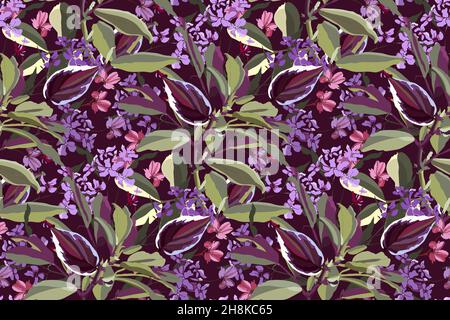 Vector floral seamless tropical pattern. Pink, purple flowers, green, purple, maroon folliage Stock Vector