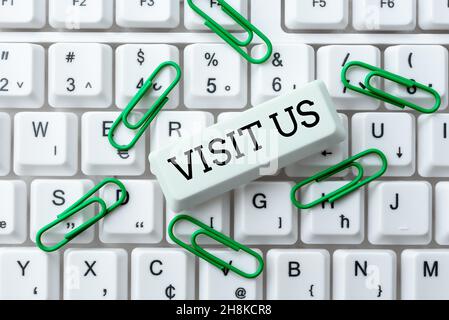 Conceptual caption Visit Us. Word for Invitation Watch A web page Link to Homepage Blog Internet Transcribing Online Voice Recordings, Typing And Stock Photo
