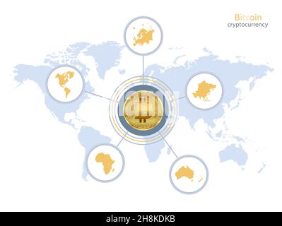 Bitcoin and continents map, infographics isolated on white background vector Stock Vector