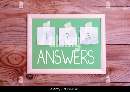 Text sign showing Answers. Word Written on Reactions responses to questions statements or situations Choices Display of Different Color Sticker Notes Stock Photo