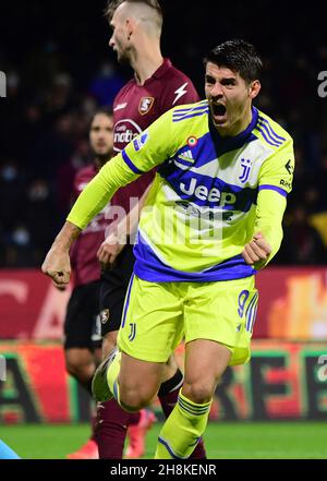 Salerno, Italy. 30th Nov, 2021. Juventus' Alvaro Morata celebrates his goal during a Serie A football match between FC Juventus and Salernitana in Salerno, Italy, on Nov. 30, 2021. Credit: Alberto Lingria/Xinhua/Alamy Live News Stock Photo