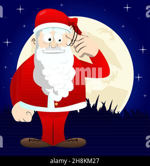 Santa Claus in his red clothes with white beard shows a you're nuts gesture by twisting his finger around his temple. Vector cartoon character illustr Stock Vector