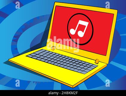 Laptop with Music Note icon on the screen. Vector cartoon illustration. Listening to music concept. Stock Vector