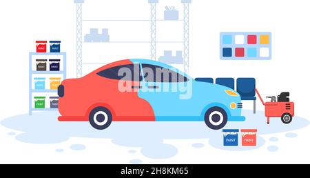 Car Painting Machine with Equipment a Paint, Airbrush or Spray Gun to the Vehicle Body for Give it a New Color in Flat Vector Illustration Stock Vector