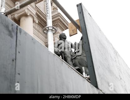 New York, United States. 30th Nov, 2021. Scaffolding surrounds the statue of former New York State governor and U.S. President Theodore Roosevelt outside of the American Museum of Natural History in New York City on Tuesday, November 30, 2021. The statue will relocate to Medora, ND where it will eventually be displayed at the new Theodore Roosevelt Presidential Library. Photo by John Angelillo/UPI Credit: UPI/Alamy Live News Stock Photo