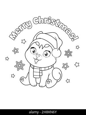 Cute husky puppy in Christmas Santa Claus hat. Cartoon vector coloring illustration. Stock Vector