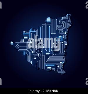 Contour map of Nicaragua with a technological electronics circuit. Stock Vector