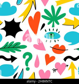 Seamless pattern with hand drawn doodle colorful design elements. Abstract simple shapes, hearts, arrows and leaves. Stock Vector