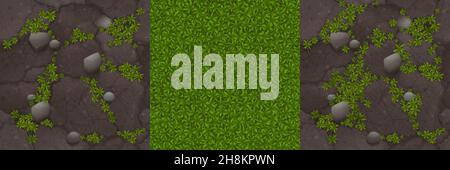 Textures of ground with moss, stones and green grass for game background. Vector cartoon seamless patterns of top view of land surface with cobblestones and lawn Stock Vector