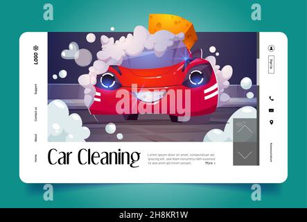 Car cleaning cartoon landing page. Happy automobile character with smiling face washing with soap foam and sponge on carwash station. Transportation city service for vehicles, Vector web banner Stock Vector