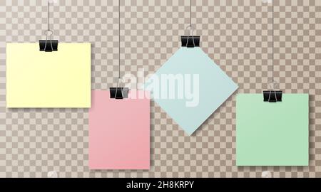 A set of multicolored pieces of paper and office clips on a transparent background. Clothespin on a transparent background Stock Vector