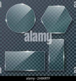 Glass plates, Set of different glass shapes, glass frames isolated on background. Photo realistic vector Stock Vector