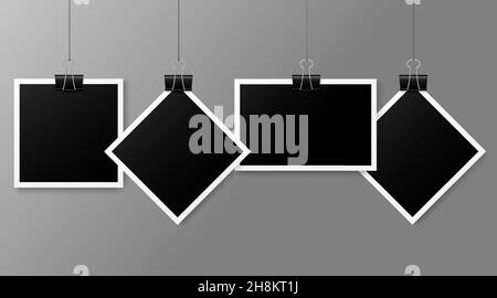 four photos on rope with metal clips, editable vector illustration. Stock Vector