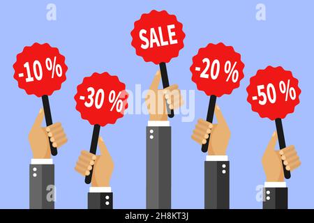Concept of discount. A lot of hands holding placards with sales. Colorful Vector Illustration in flat style Stock Vector