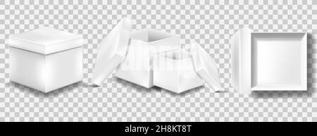 White blank packaging gift boxes. A set of open and closed boxes at different angles. White object on a transparent background. Vector illustration, E Stock Vector