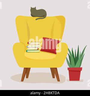 Armchair with books and a pillow. A cozy chair on which the cat sits. Furniture and houseplants. a place to relax and read books. Flat cartoon illustr Stock Vector