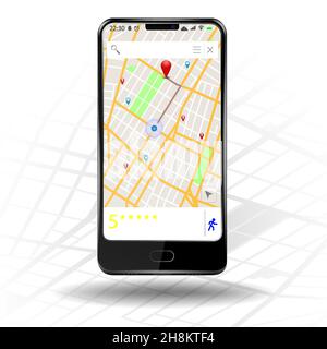 Mobile phone with map marker. Touchscreen smartphone. Concept of route, landmark, adventure, explore. Vector illustration. Stock Vector