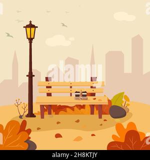 Vector illustration of a beautiful autumn city park with town building ...