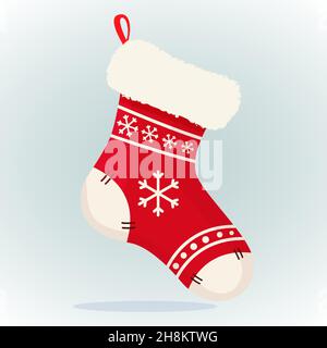 Christmas cute stocking for gift place inside. Decoration for home and fireplace with candy. Happy New Year concept. Isolated flat illustration. Stock Vector