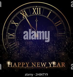 Golden Clock Dial with Roman Numbers on Magic Christmas Glitter Background. New Year Countdown and chimes. Five minutes before twelve. Vector illustra Stock Vector