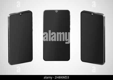 Vector illustration of a new black and shiny hand phone in three different perspective views Stock Vector