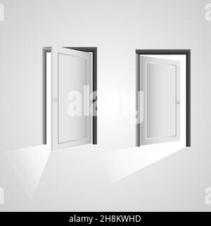 Vector Realistic Different Opened and Closed White Wooden Door Icon Stock Vector