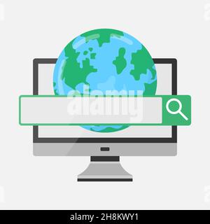 Conceptual illustration for searching the internet. laptop with search bar and globe Stock Vector