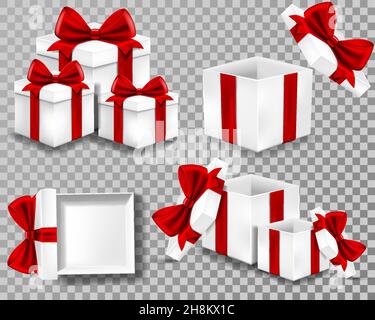 set of open and closed gifts from different angles in perspective. White cardboard boxes with a red bow on transparent background Stock Vector