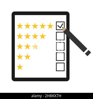Customer satisfaction. Clipboard with rating stars, hand holding pen, green check mark on five stars checkbox. Customer loyalty, quality control, rati Stock Vector