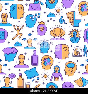 Mental disorders seamless pattern in colored line style. Repeating backgound with mental disorder symbols. Vector illustration. Stock Vector