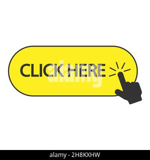 Click here button with hand pointer clicking. Stock Vector