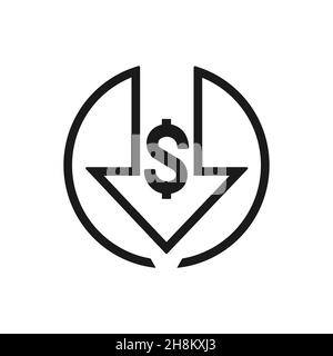 Low price outline, down arrow sign, dolar falls vector icon Stock Vector