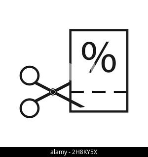 thin line black scissors cuts discounts coupon. concept of sell off in online supermarket at low prices or half value. stroke flat style trend logotyp Stock Vector
