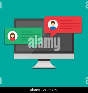 Computer online chat vector illustration, flat cartoon design of desktop pc with chatting bubble notifications, concept of people messaging on interne Stock Vector
