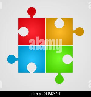 Four jigsaw pieces or parts connected together. Multicolor puzzle jigsaw template. Stock Vector