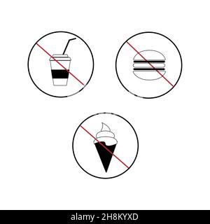 Signs of prohibition on food, drinks, ice cream. vector image Stock Vector