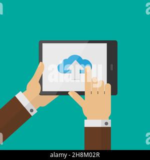 Hands holding white tablet with cloud icon flat style Stock Vector