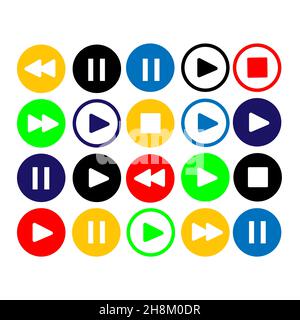 Set of musical buttons multi-colored stop, play, rewind, pause. Stock Vector