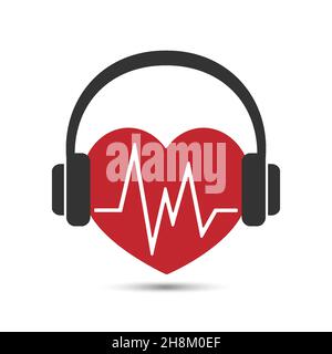 Heart with pulse in headphones, Healthy heart and music, vector design. Stock Vector