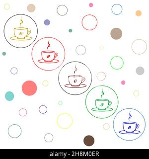 Multi Colored icons with round cups of hot coffee, background image with bubbles, flat design Stock Vector