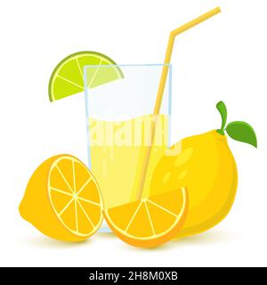 Lemon fruit juice isolated icon on white background. Glass of juice with tubule. Flat style Stock Vector