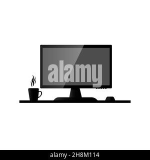 Computer monitor. A cup of coffee, tea. Black color. Vector image Stock Vector